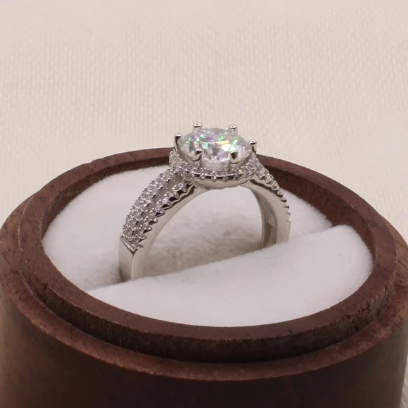 2 Carat Round Moissanite Platinum and Rhodium Plated 925 Silver Ring - Picture 10 of 14